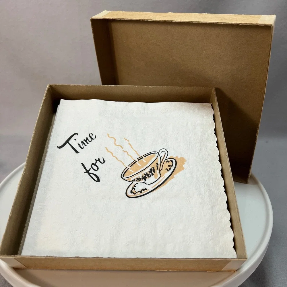 Vintage Tea Time Paper Napkins Set of 18‎ with Original Box Unused Embossed